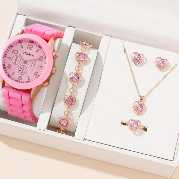 1pc Cute Round Silicone Quartz Watch For School Students And 5pcs Pink Heart Set - Picture 1 of 7